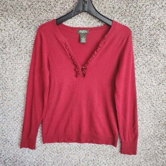 Eddie Bauer Sweater‎ Womens Medium Burgundy Long Sleeve V Neck Ruffle - Picture 1 of 7